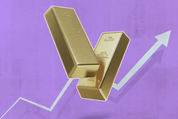 Two Gold Bars Floating In Front Of An Upwards Facing Arrow Chart