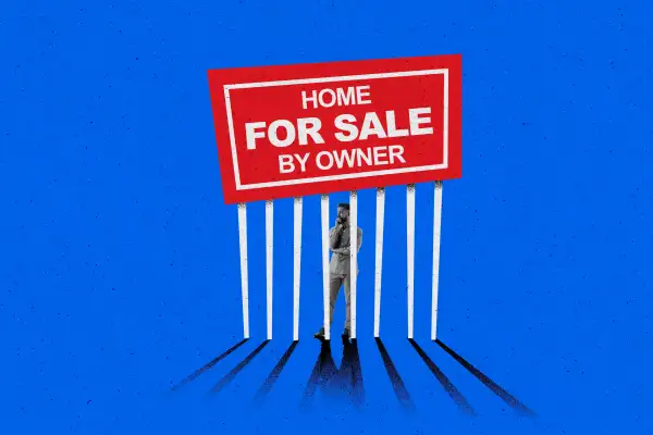 Conceptual illustration of a man stuck behind a makeshift cage made out of a for sale sign of his own home