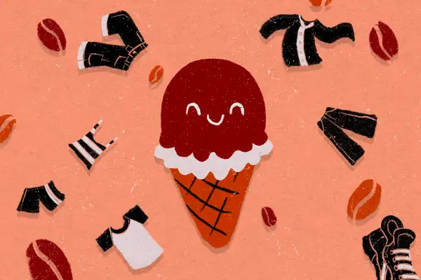 Illustration of a happy ice cream cone surrounded by clothing and coffee beans