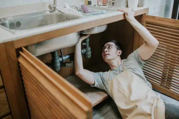 Home owner repairing pipe in kitchen sink