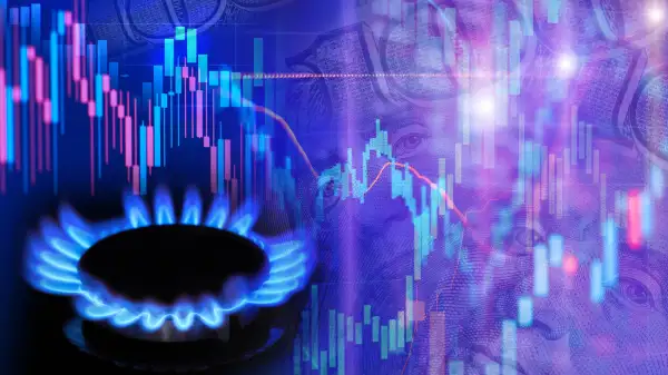 Natural gas cost growth concept with gas burners and stock charts