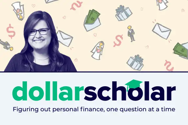 Dollar Scholar banner featuring wedding gifts motifs