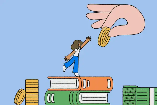 Illustration of a woman standing on top of two big books reaching out to grab a coin in someone's hand