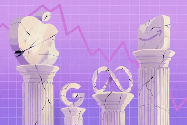 Illustration of ancient marble statues of the apple, google, meta and amazon logos with a stock graph in the background