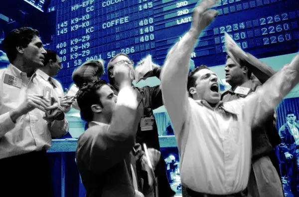 Vintage photograph of Traders purchasing stock at the New York Stock Exchange Floor in New York City