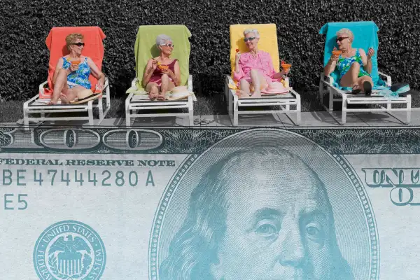 Retirees lounging poolside with a dollar bill superimposed on top