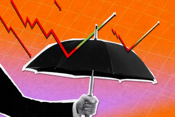 Illustration collage of an umbrella and stock graphs