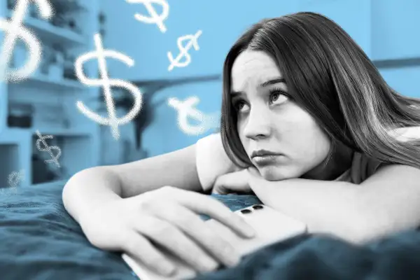 Photo illustration of a worried teen thinking about money