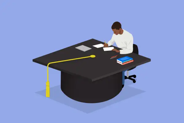 Illustration of a young man writing a college admissions essay on a graduation cap desk