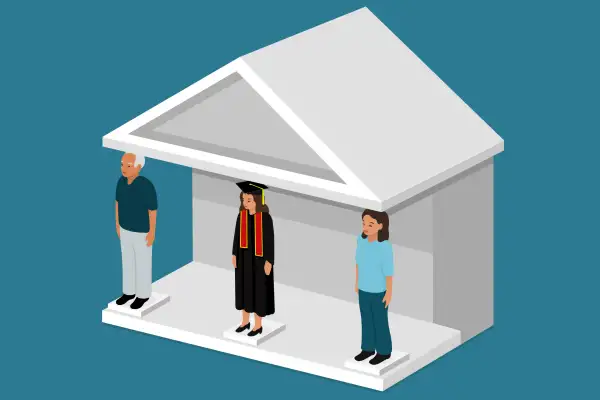 Illustration of A college graduate and her parents standing below a college building using their heads to hold the weight of the structure