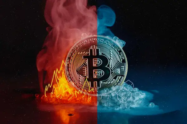 Image of a bitcoin coin half hot and half cold