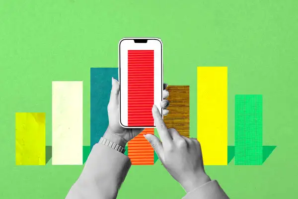 Illustration collage of a person picking stock charts with a phone app