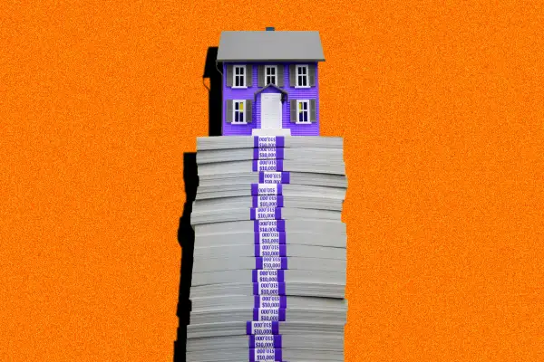 Photo-Illustration of a small house on top of a tall stack of dollar bills