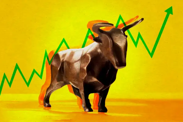 Photo collage illustration depicting the bull market