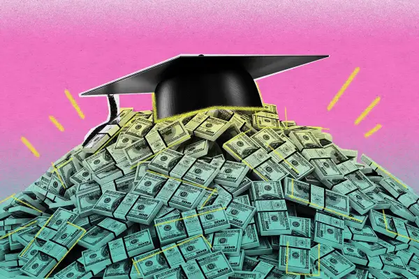 Illustration of a stack of dollar bills under a graduation cap