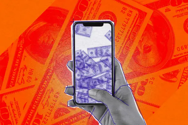 photo illustration of a hand holding a cel phone full of cash