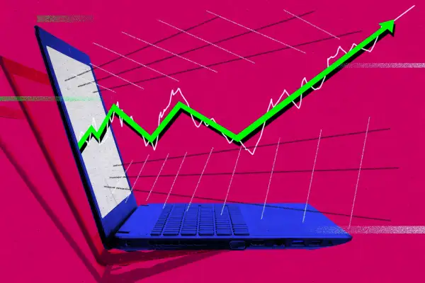 Illustration of a laptop with stock graphs coming out of it in an energetic manner
