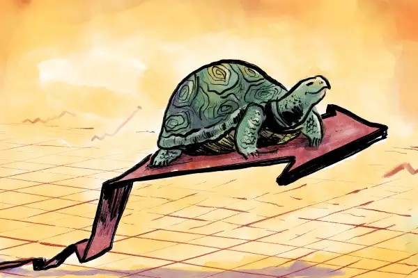 Illustration of a happy turtle riding on a steady rising stock graph