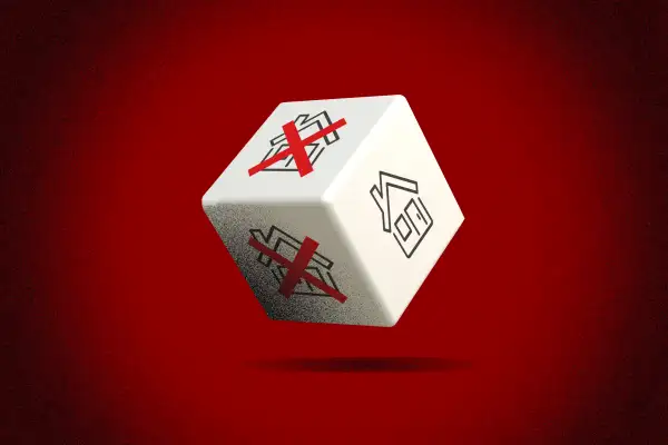 Illustration of a dice with homes available for purchase, with the chances being really low