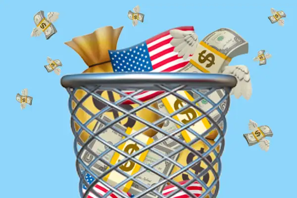 Emoji illustration of trashcan filled with money.