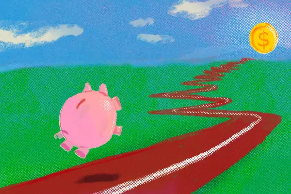 Illustration of a piggy bank racing for money at the end of a long race track