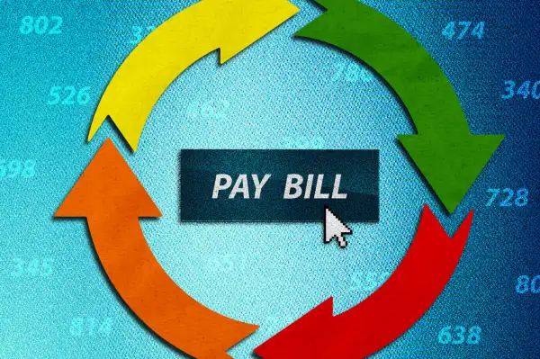 Photo Illustration of four arrows in cycle, colored to match a credit report, with a button in the middle that says  Pay Bill