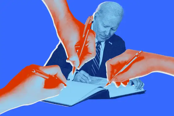 Photo-illustration of Joe Biden signing a book with three hands holding pens.