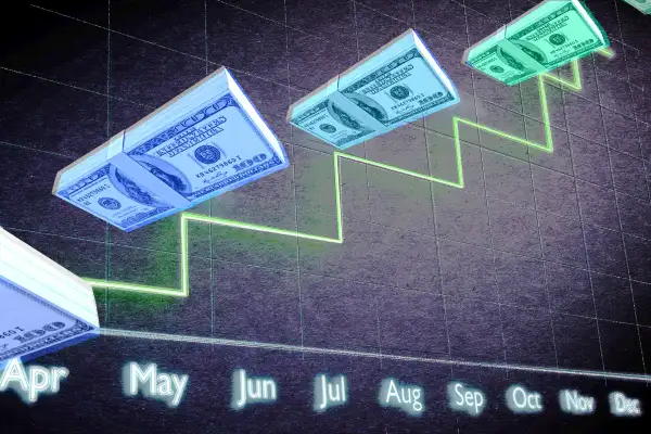 Illustration collage of a yield graph and some money stacks going up