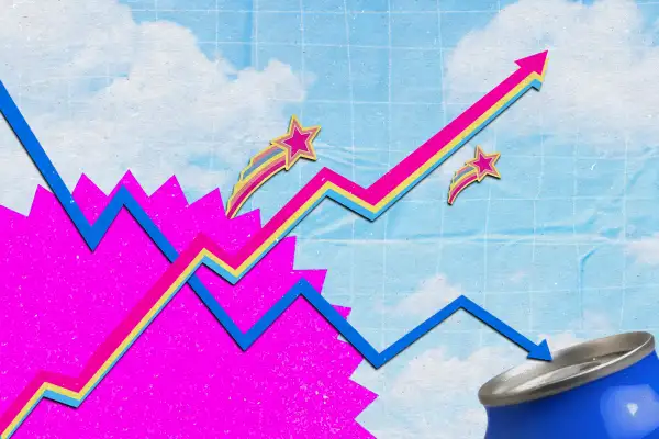 Illustration collage with the theme of Barbie and Bud Light and the stock market