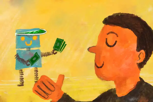 Illustration of a person letting a robot Ai manage their money