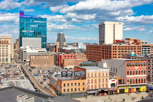 View of Greektown in Detroit, Michigan during the day