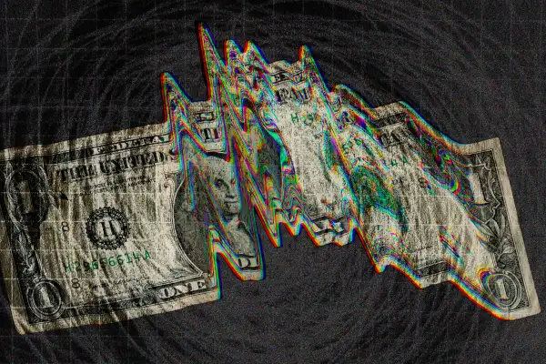 Photo-illustration of a warped dollar bill with scribbles.