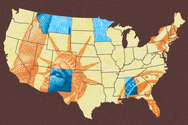 Photo-illustration of a map of the United States with a stimulus check overlayed.