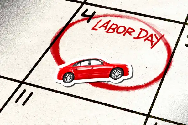 Illustration of a calendar with Labor Day marked by a car sticker