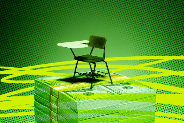 Photo Illustration of an empty desk on top of a big pile of hundred dollar bills