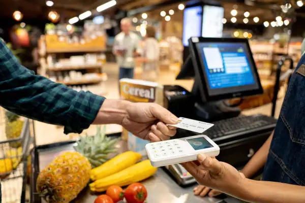 Person paying groceries using a debit card to build credit