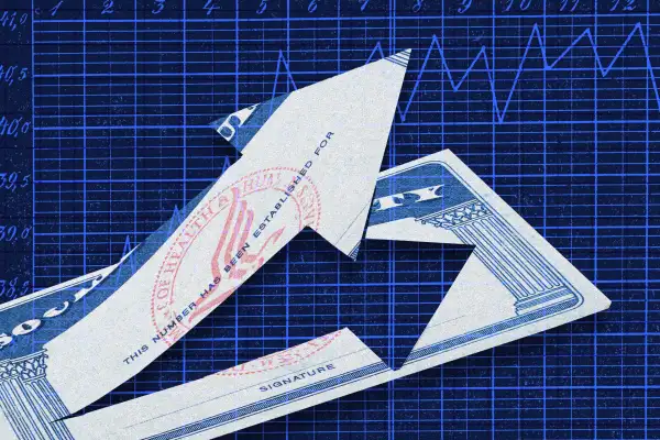 Photo-illustration of a social security card and an increasing graph.