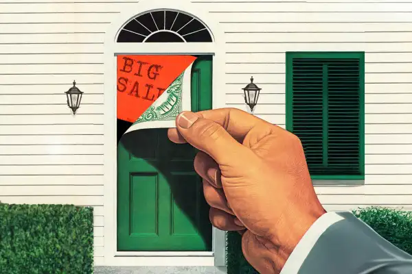 Illustration of a hand peeling back a front door to reveal a $100 bill and a sale sticker.