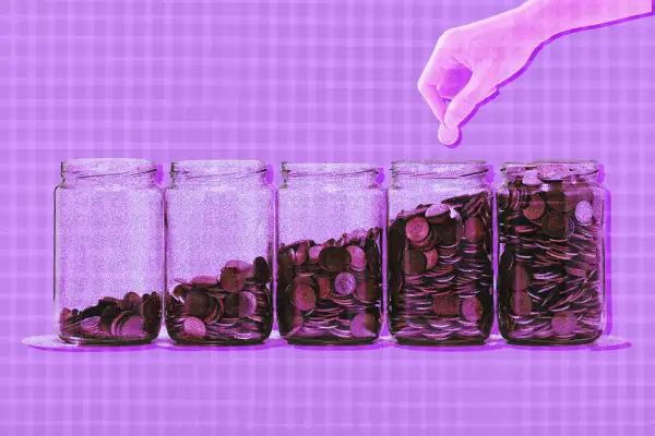 Photo-illustration of increasing jars of money being filled.