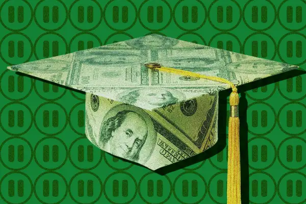 Photo-illustration of a graduation cap made of money, with pause symbols in the background