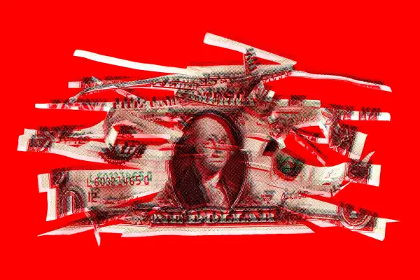 Photo-illustration of a shredded dollar bill on a red background.