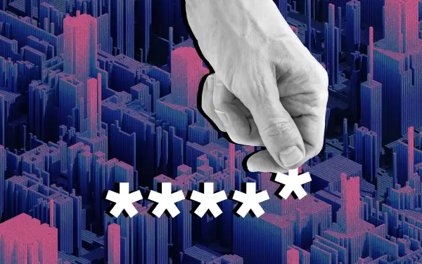 Close-up of a hand picking up an asterisk from a password, with a city landscape in the background