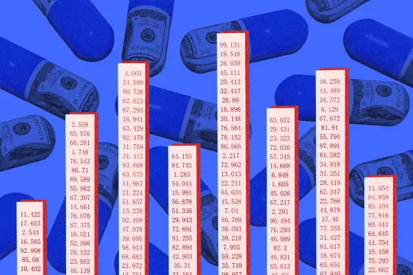 Photo-illustration of a receipt bar graph with money and pills in the background.