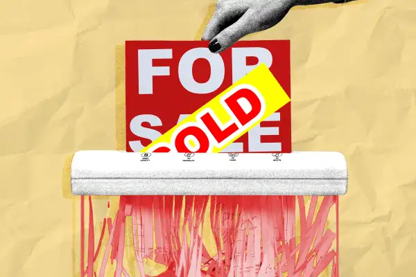 Photo-illustration of a sold sign in a paper shredder.