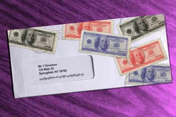 Image of a mail envelope letter with many postage stamps on it that resemble dollar bills