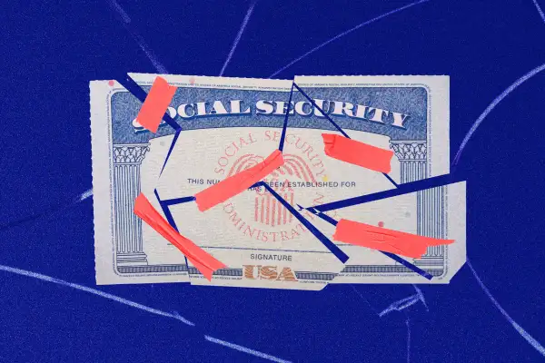 Photo-illustration of a cut-up social security card taped back together.