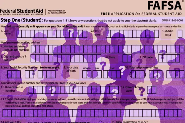 Photo-illustration of a group of people questioning FAFSA