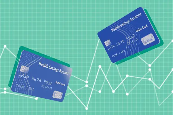 Photo-illustration of Health Savings Account cards on a graph