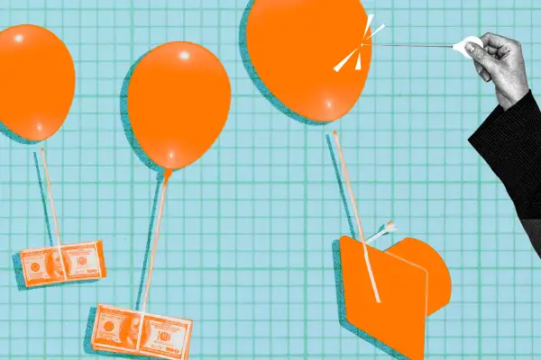 Photo-illustration of balloons, with a graduation cap and money tied to them, being popped.