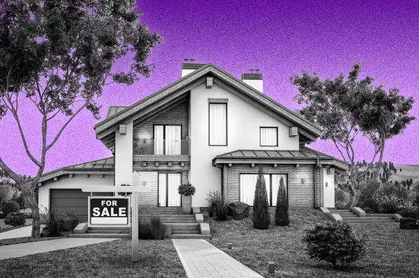 Suburban house with a for sale sign